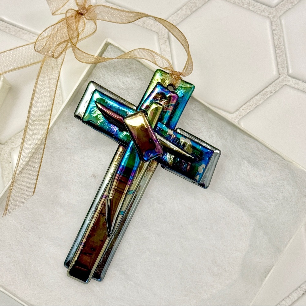 Colorful Recycled Glass Cross Christmas Ornament - Picture 3 of 5